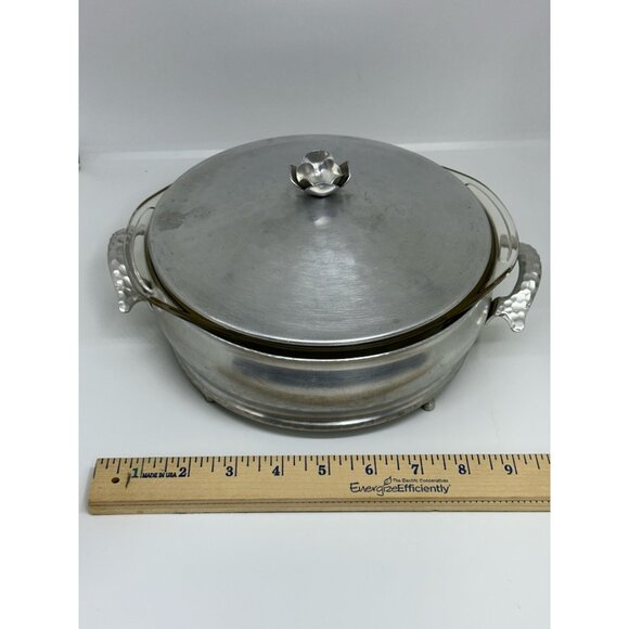 VTG Hammered Aluminum Casserole Server w/ Pyrex Liner & Lid | MCM Food Warmer - Picture 10 of 10